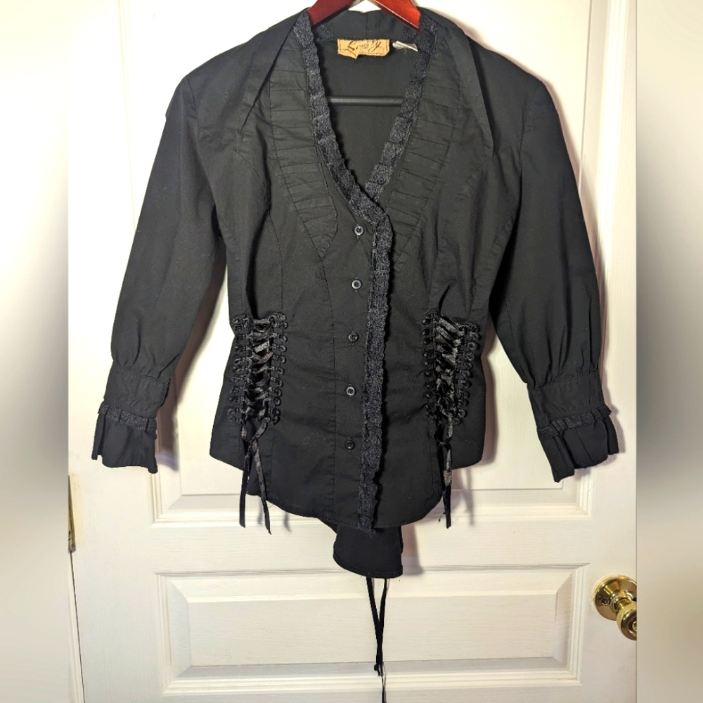 Black western waist adjustable button down blouse